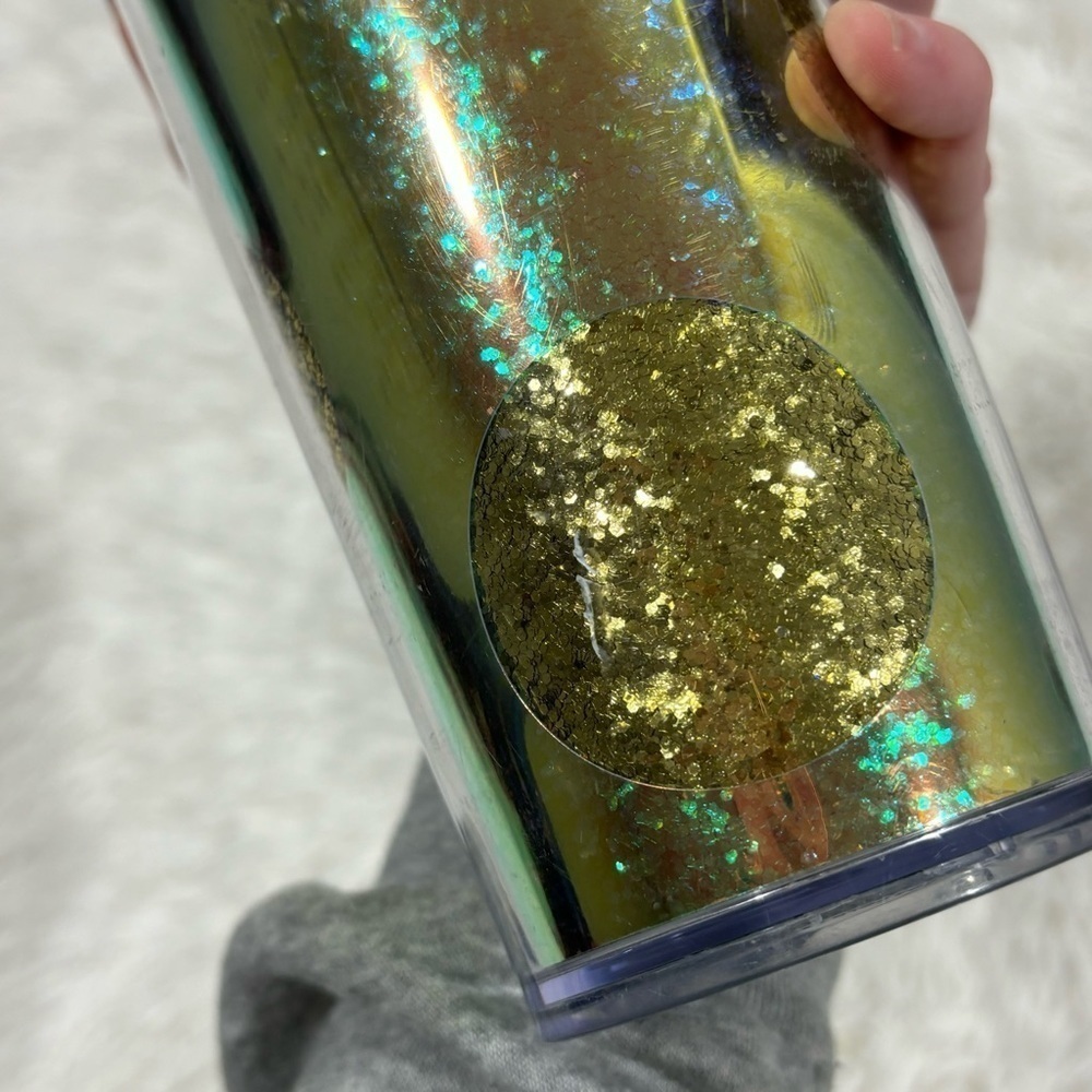 Starbucks Holiday Green Gold Glitter Iridescent Polka Dot Cold Cup Tumbler 24 oz - Picture 6 of 8